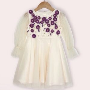Tutu du Monde tulle dress long sleeve ivory w/‎ beaded purple flowers 2-3 years